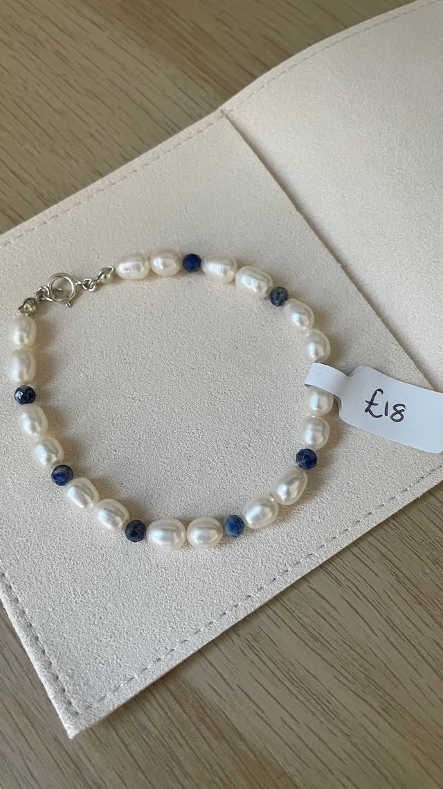 Freshwater Pearl and Lapis Lazuli Beaded Bracelet - Gift, Birthday, Anniversary, Wedding, Christmas