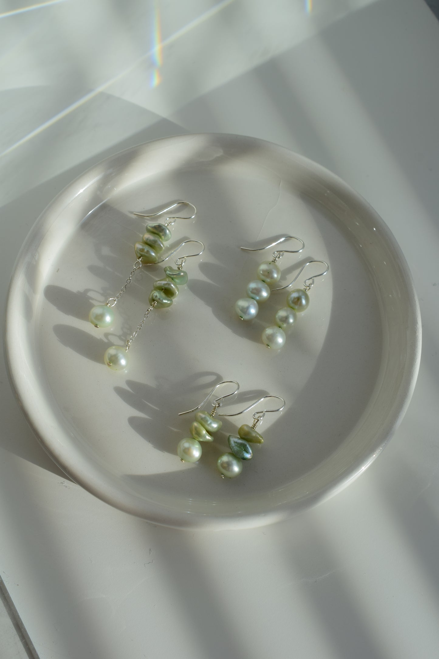 Pale Emerald Drop Pearl Earrings