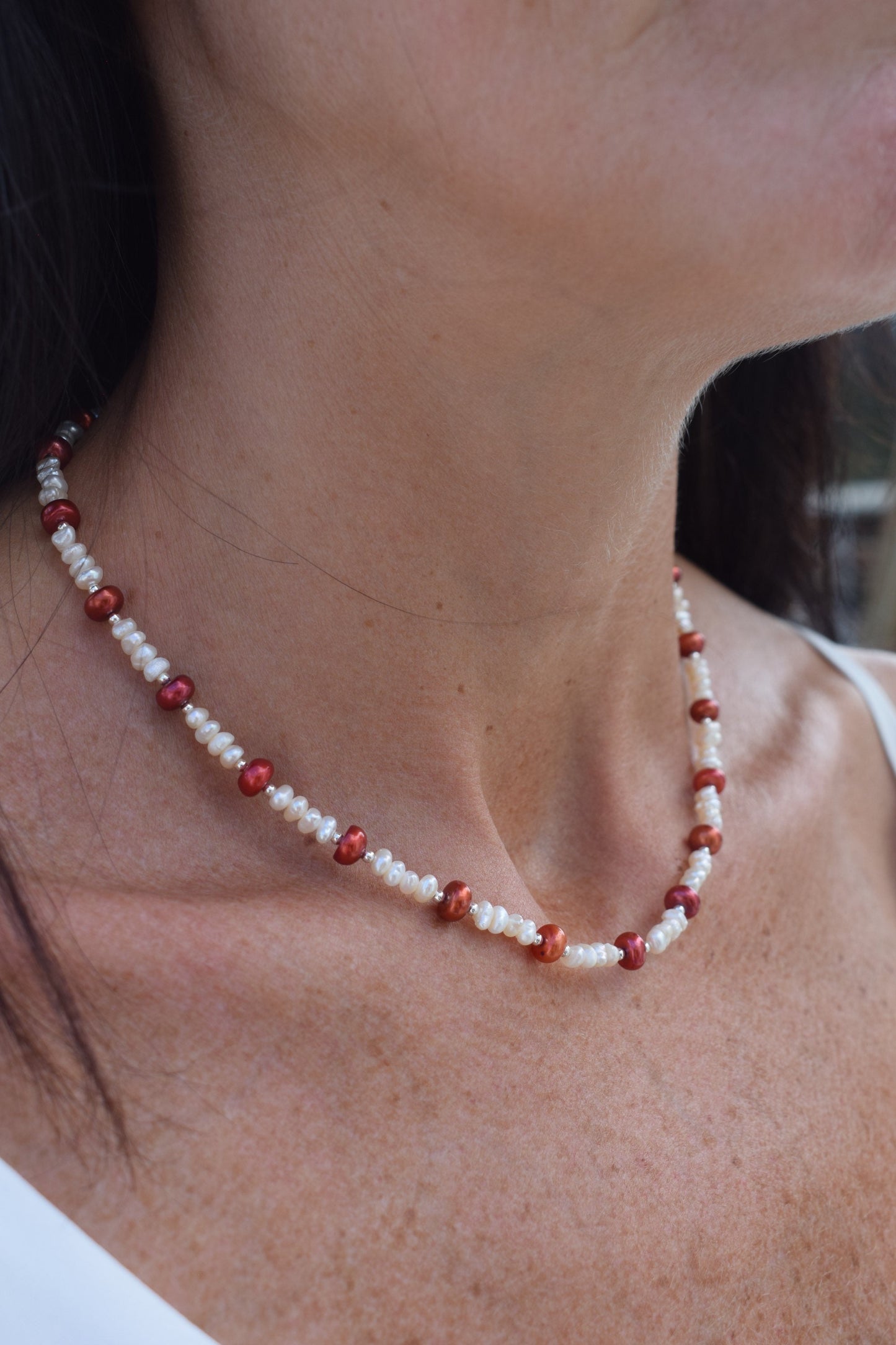 Ivory Freshwater Pearl and Deep Red Spacer Necklace - Gift, Birthday, Anniversary, Christmas