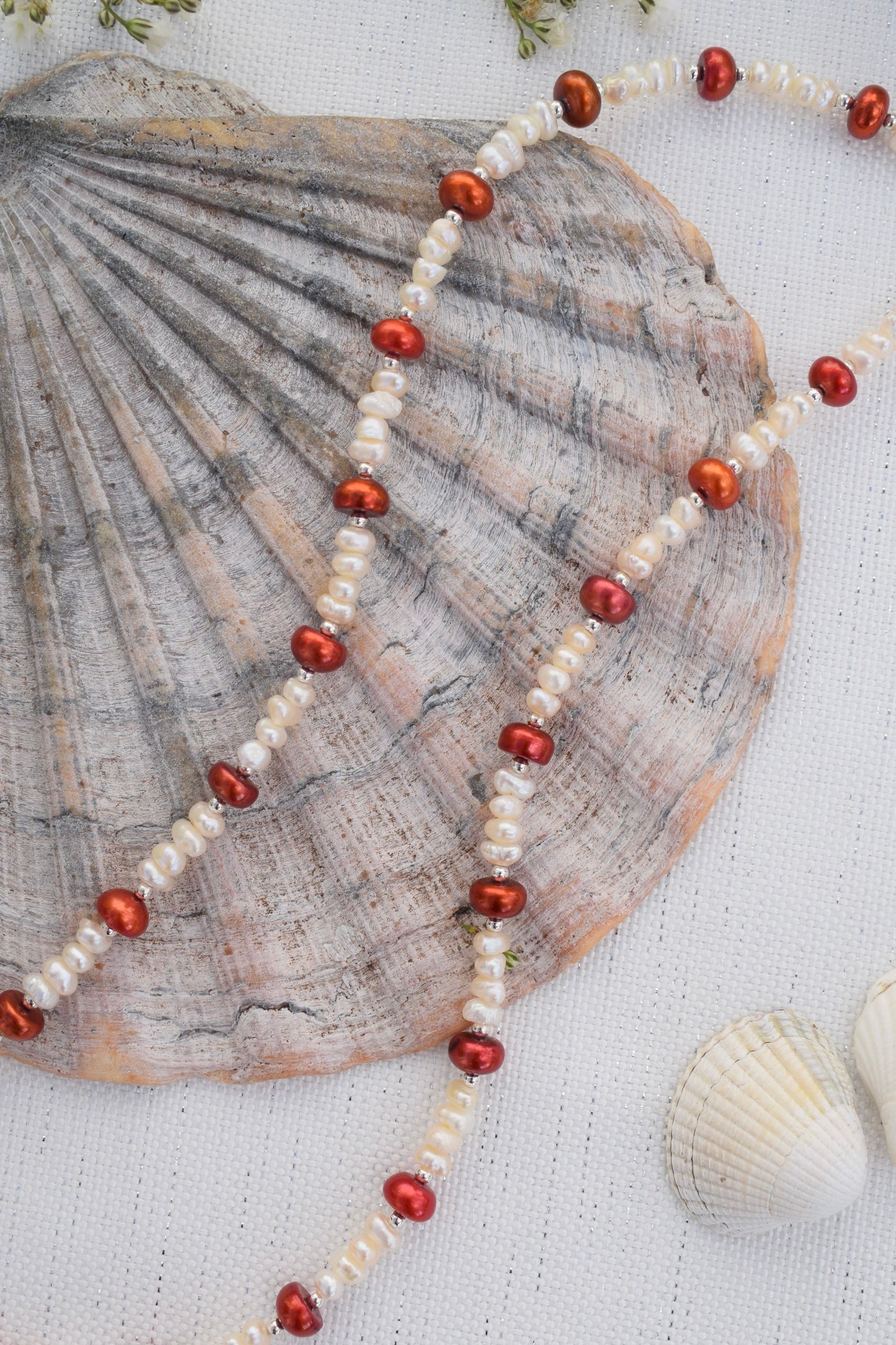 Ivory Freshwater Pearl and Deep Red Spacer Necklace - Gift, Birthday, Anniversary, Christmas