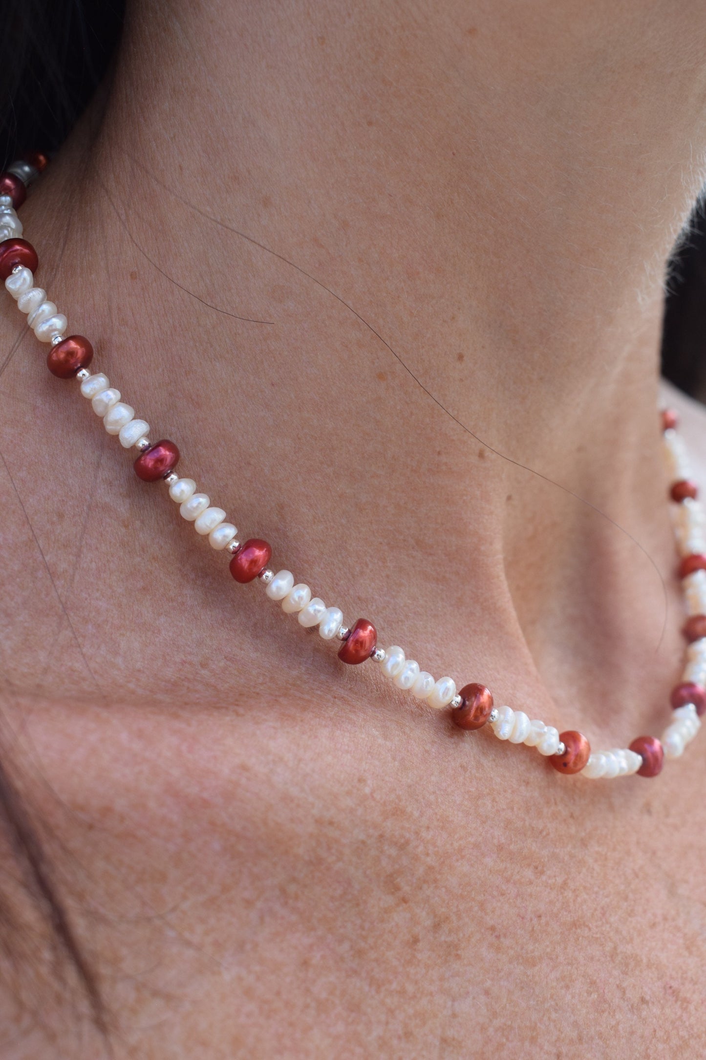 Ivory Freshwater Pearl and Deep Red Spacer Necklace - Gift, Birthday, Anniversary, Christmas