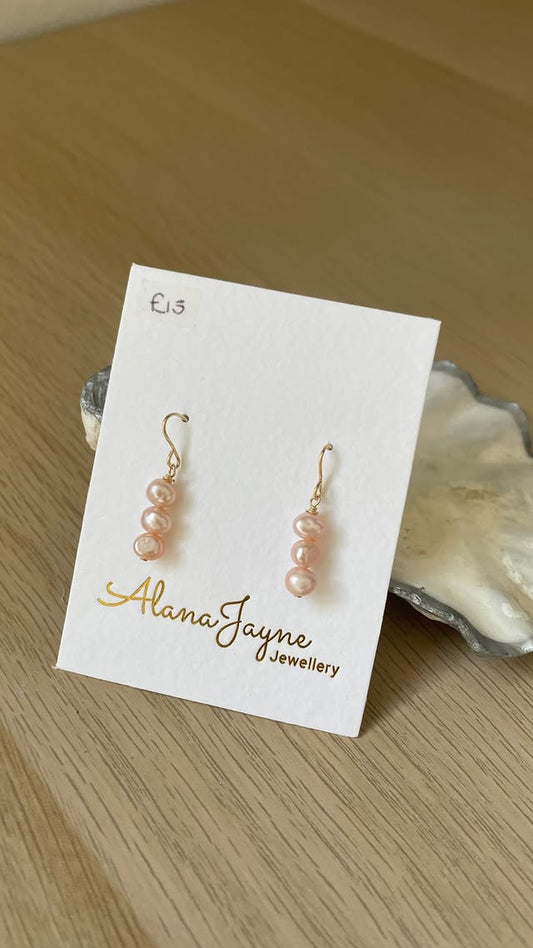 Gold-filled Triple Pink Pearl Earrings