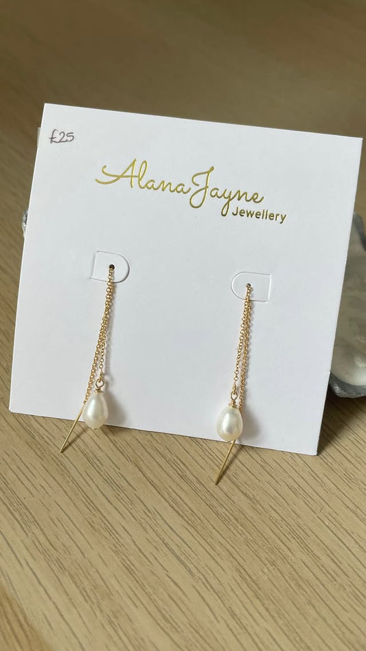 Gold-filled threader pearl earrings