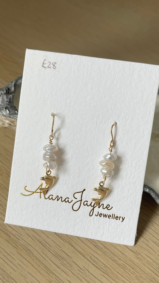 Gold-filled Dolphin Charm and Freshwater Pearl Earrings