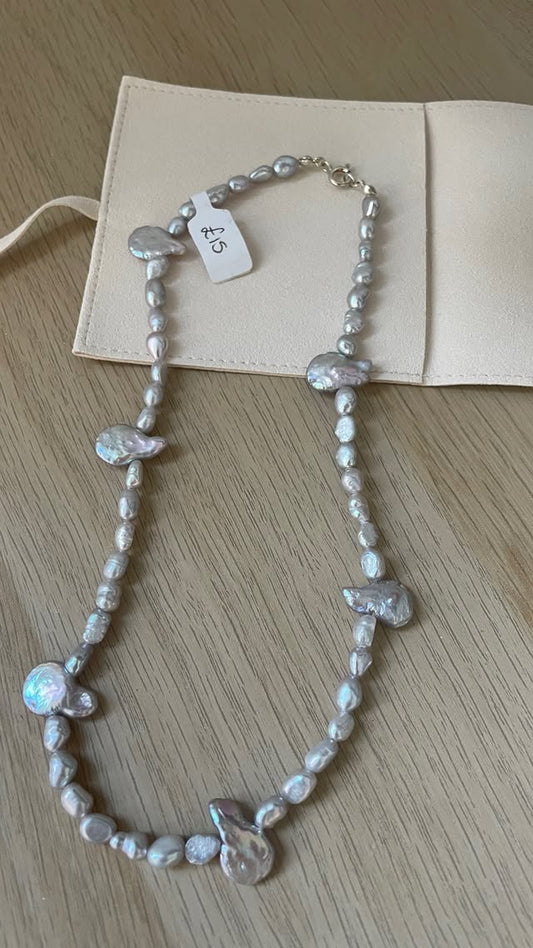 Iridescent Silver Coin Pearl Necklace