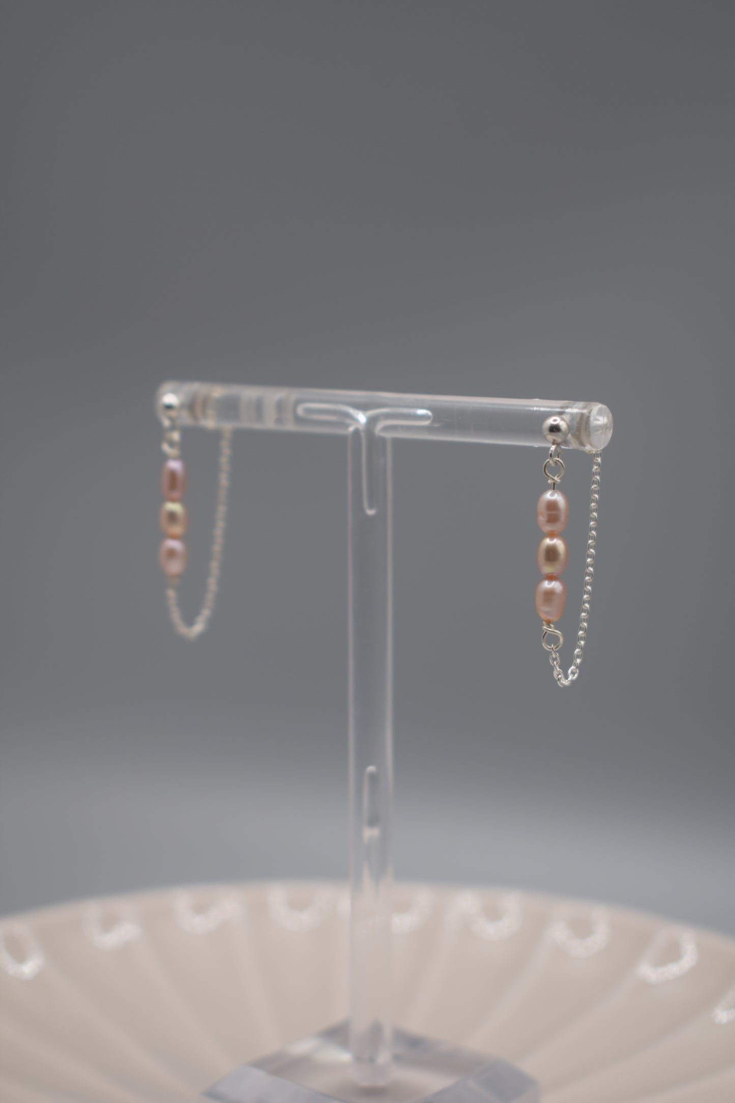 Tiny Pink Pearl Drop Chain Stud Earrings