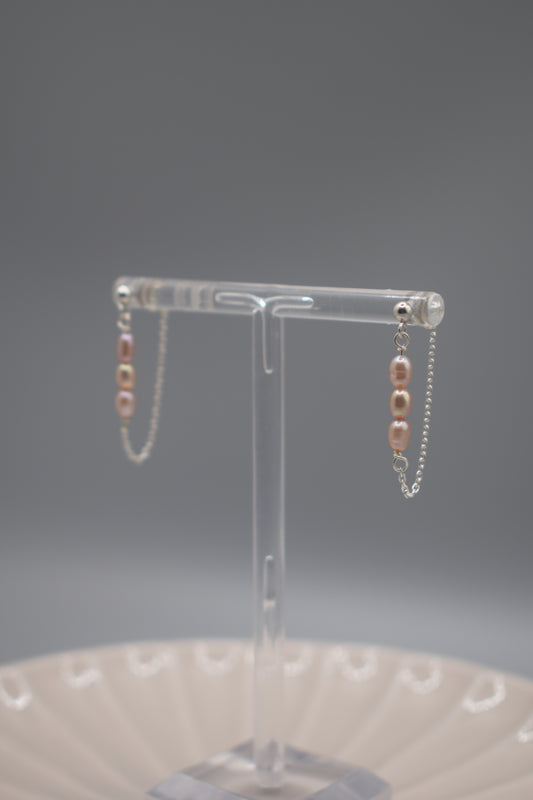 Tiny Pink Pearl Drop Chain Stud Earrings