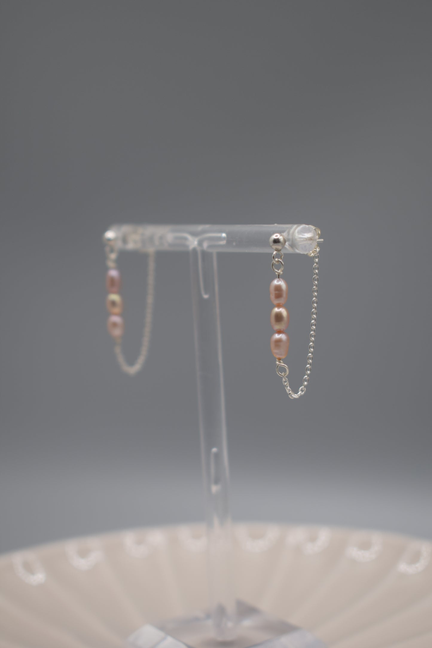 Tiny Pink Pearl Drop Chain Stud Earrings