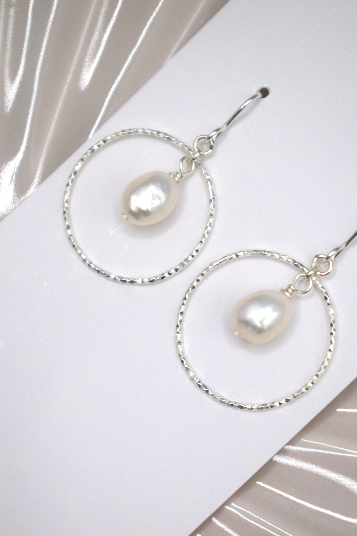 Silver Sparkle Hoop and Freshwater Pearl Earrings