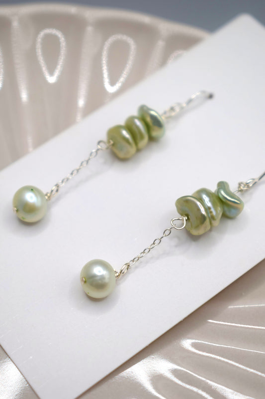 Pale Emerald Drop Pearl Earrings