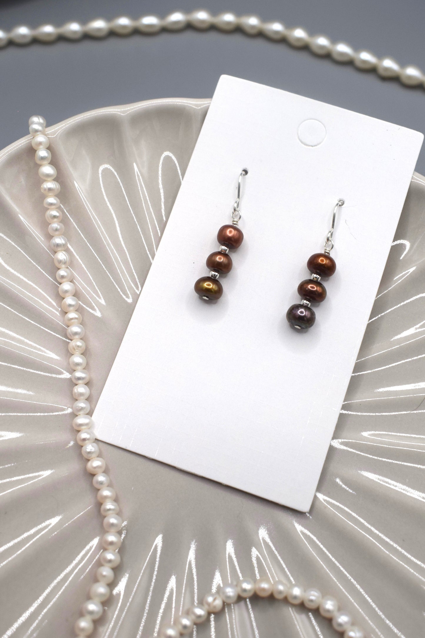 Brown Three-Tiered Pearl Earrings