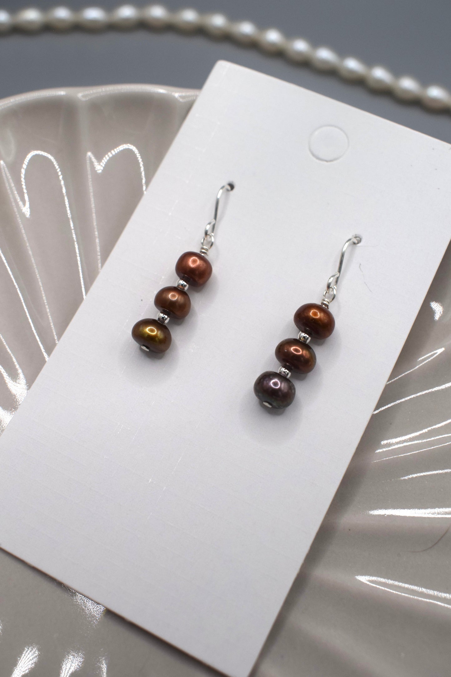 Brown Three-Tiered Pearl Earrings