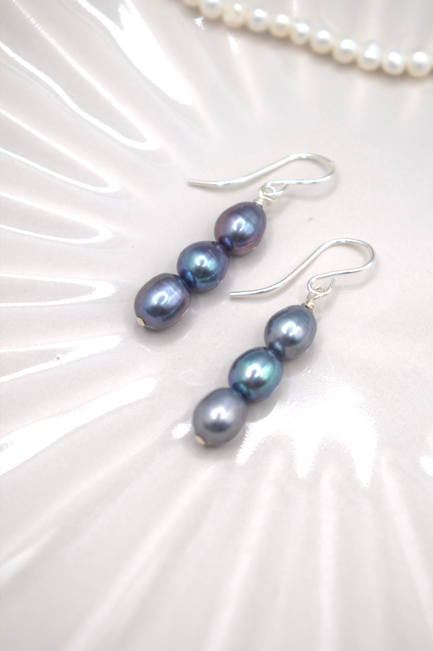 Peacock Blue Triple Pearl Earrings