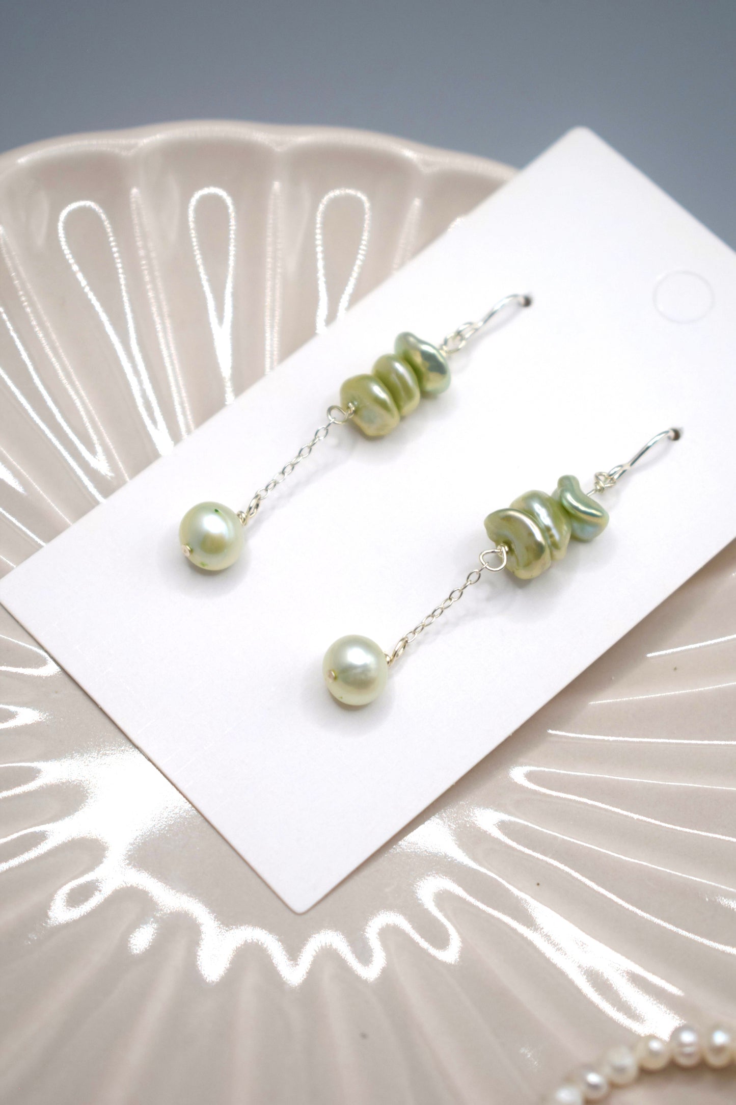 Pale Emerald Drop Pearl Earrings