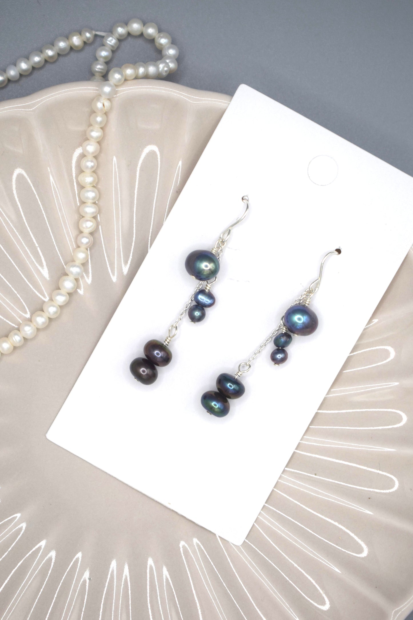 Peacock Blue Trio Pearl Earrings