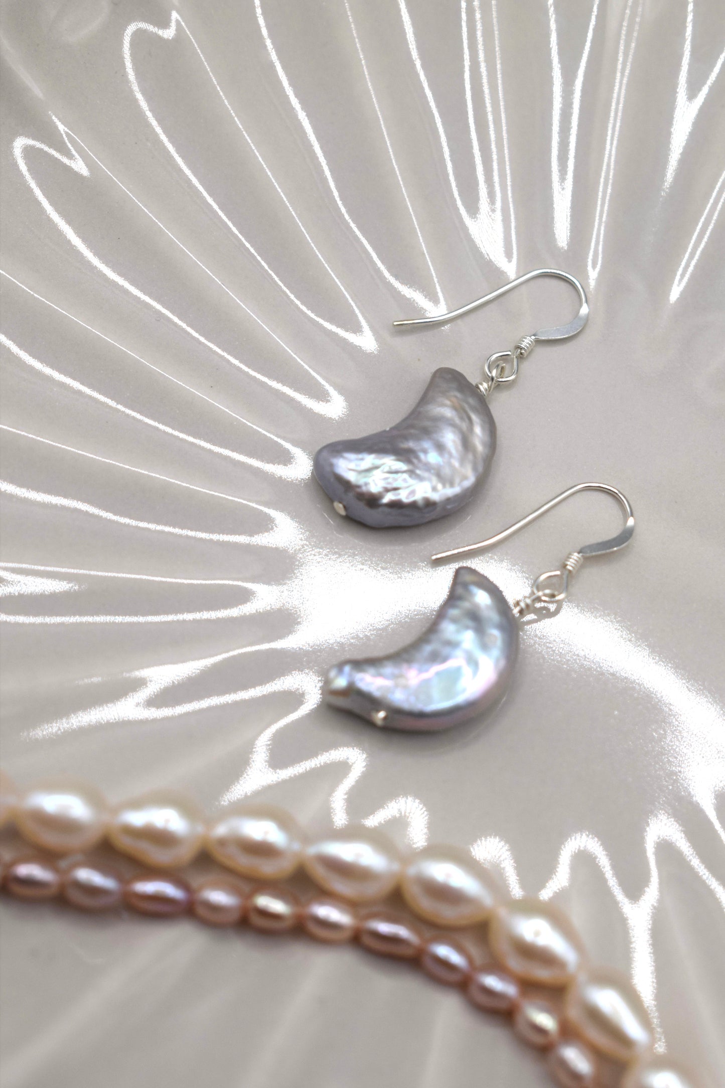 Iridescent Grey Moon Freshwater Pearl Earrings