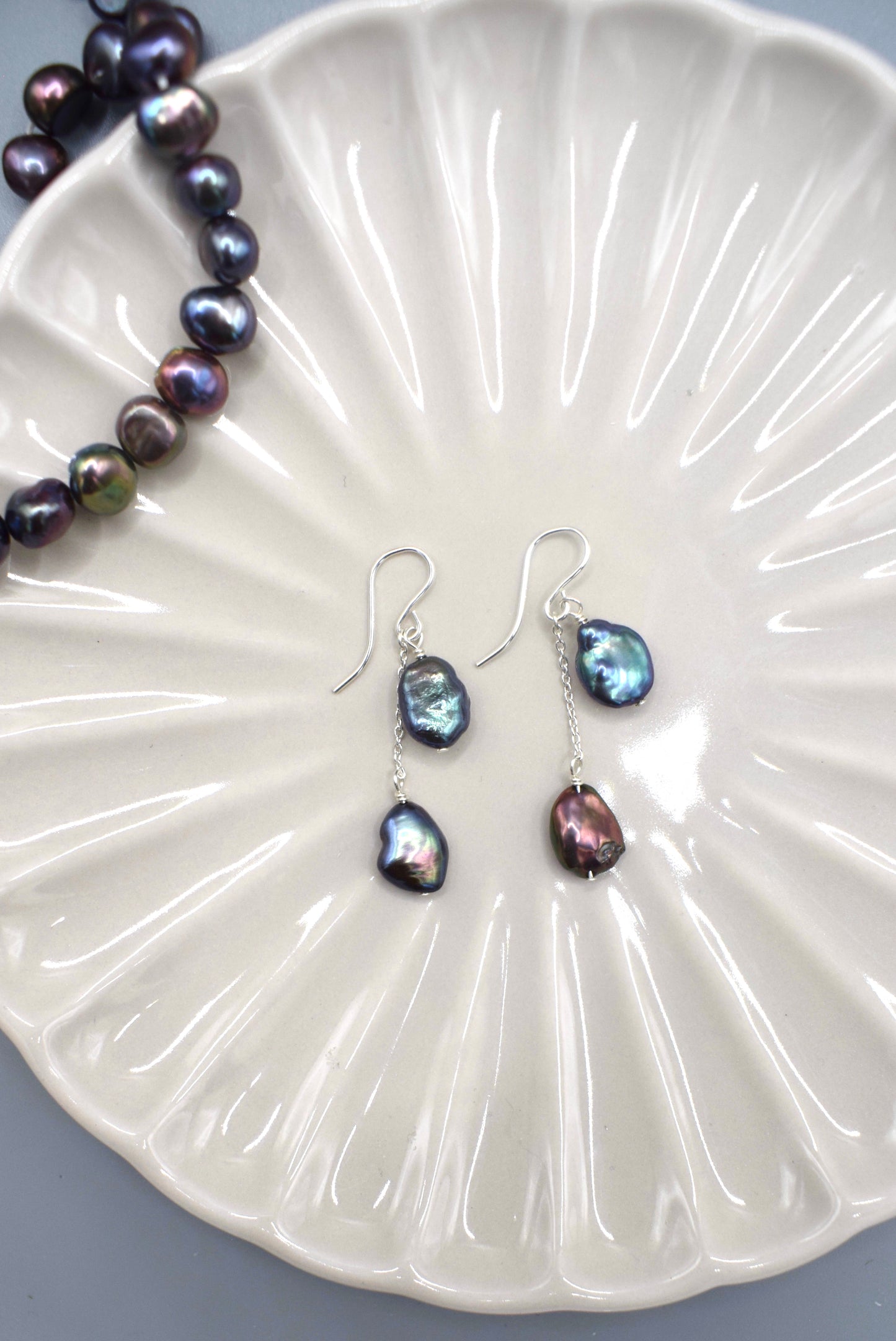 Double Peacock Pearl Drop Earrings