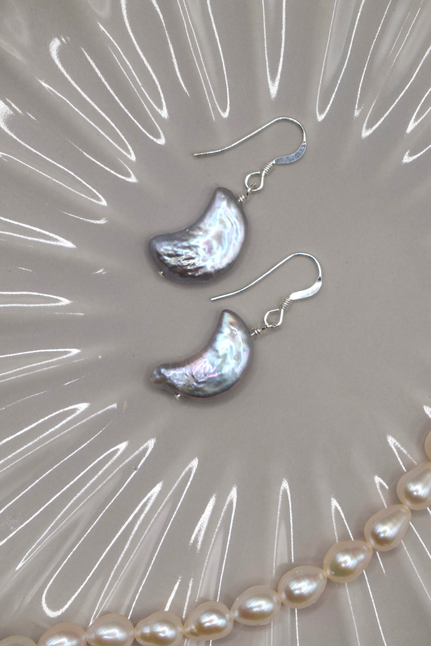 Iridescent Grey Moon Freshwater Pearl Earrings