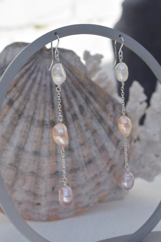 Three Pearl Drop Earrings Freshwater Pearl - Gift, Birthday, Anniversary, Christmas