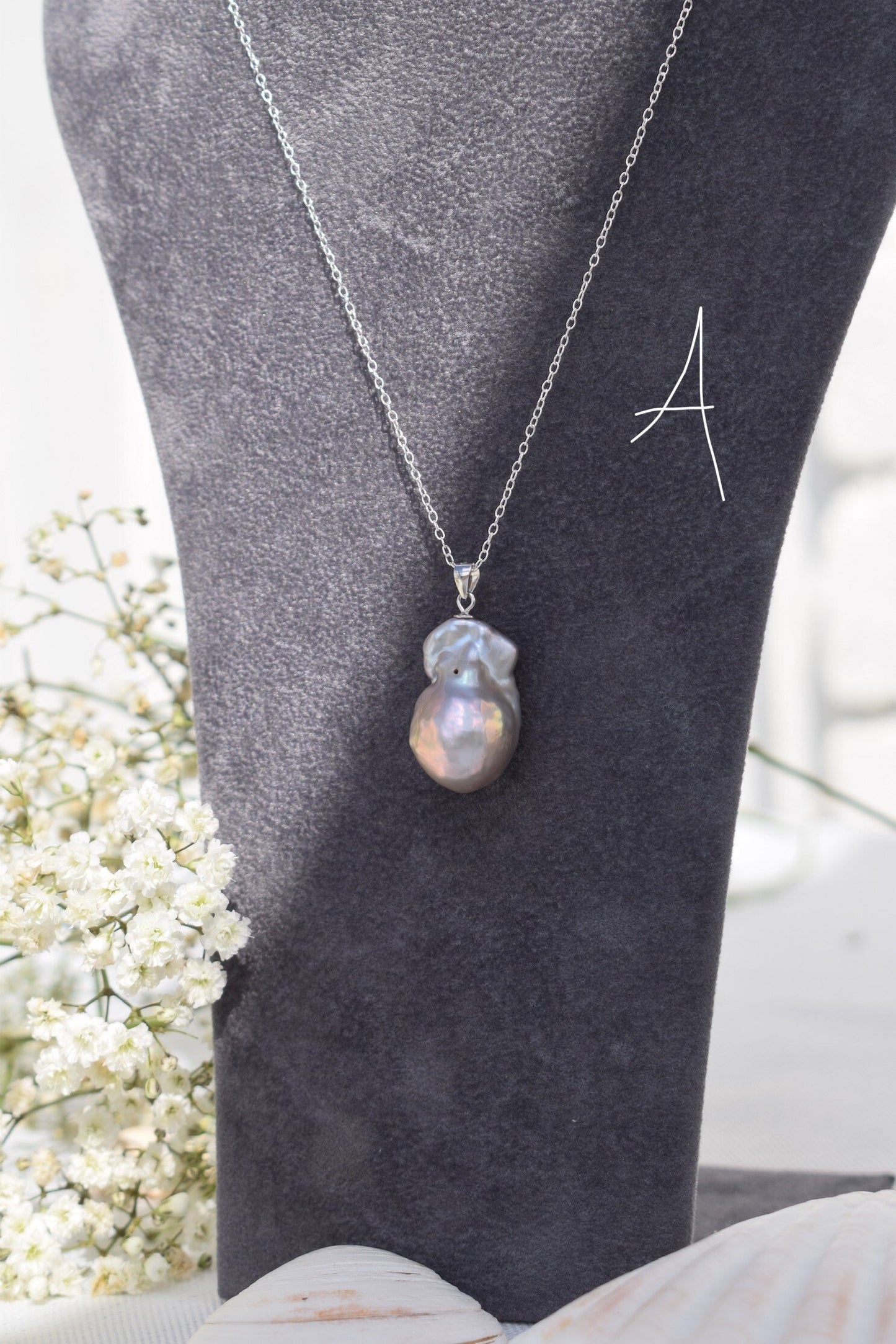 Grey Flameball Pearl Pendant Necklace // Gift, Birthday, Anniversary, Christmas