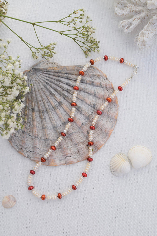 Ivory Freshwater Pearl and Deep Red Spacer Necklace - Gift, Birthday, Anniversary, Christmas